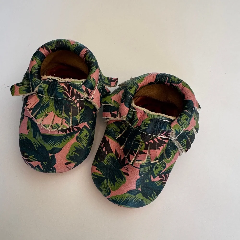 Freshly Picked Tropical Print Pink Baby Moccasin Shoes Size 1